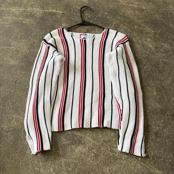 FRAME Le Cropped Sweater Womens M White Striped Knit Loose Shirt Long Sleeve - Picture 1 of 7